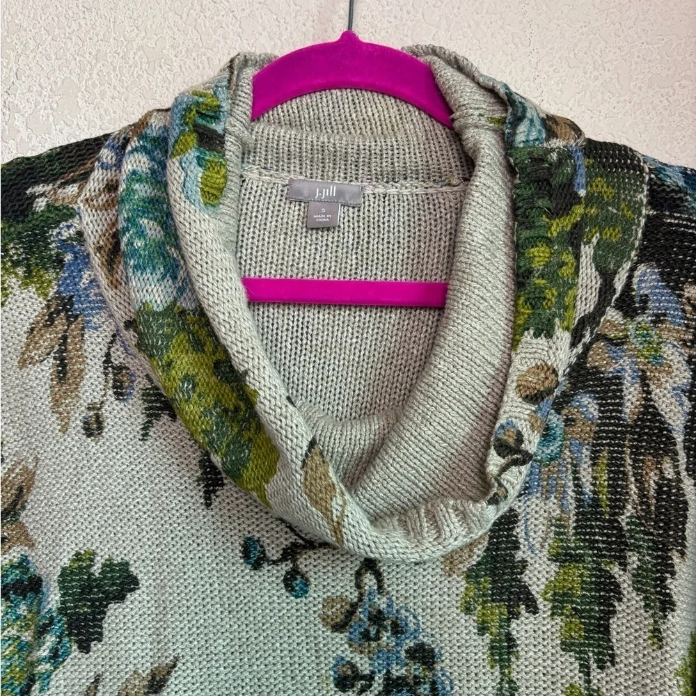 J. Jill Beige Blue Floral Cowl Neck Tunic Length Pullover Sweater S